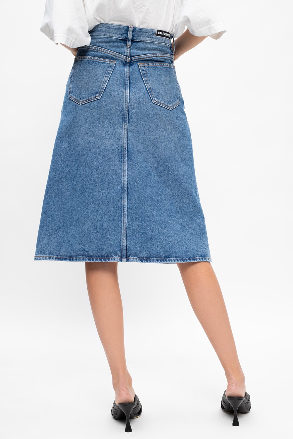 BALENCIAGA v waist denim skirt スカート Balenciaga Denim skirt with a decorative ribbon at the back